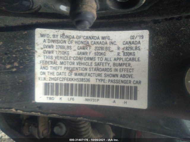 Photo 8 VIN: 2HGFC2F6XKH538536 - HONDA CIVIC SEDAN 