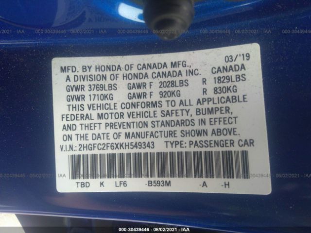 Photo 8 VIN: 2HGFC2F6XKH549343 - HONDA CIVIC SEDAN 