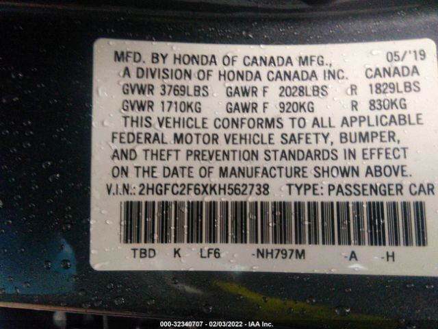 Photo 8 VIN: 2HGFC2F6XKH562738 - HONDA CIVIC SEDAN 