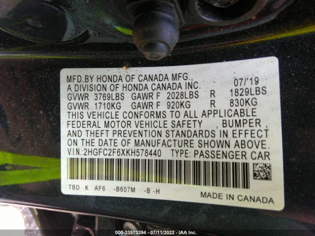 Photo 8 VIN: 2HGFC2F6XKH578440 - HONDA CIVIC SEDAN 