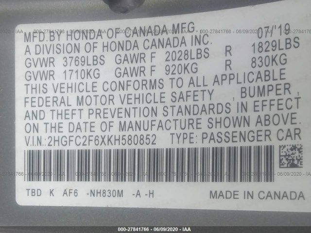 Photo 8 VIN: 2HGFC2F6XKH580852 - HONDA CIVIC SEDAN 