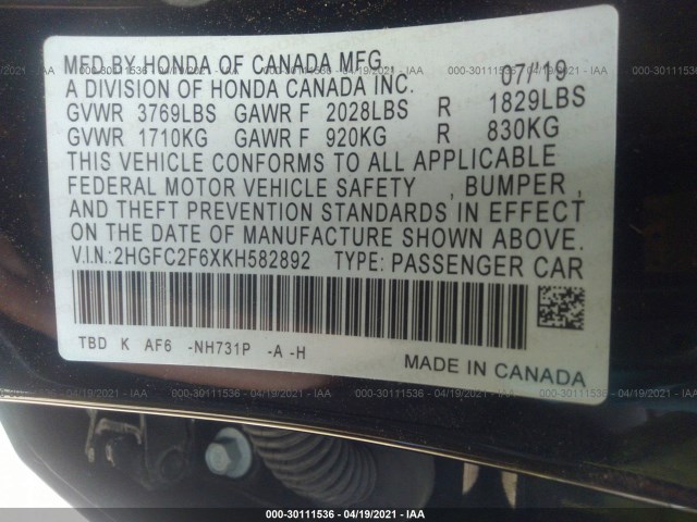 Photo 8 VIN: 2HGFC2F6XKH582892 - HONDA CIVIC SEDAN 