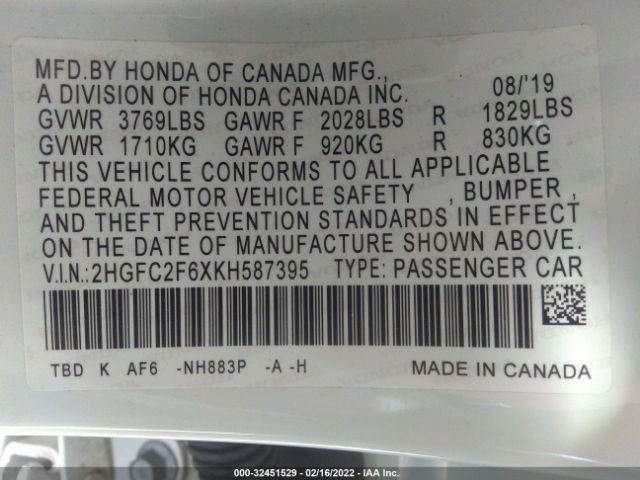 Photo 8 VIN: 2HGFC2F6XKH587395 - HONDA CIVIC 