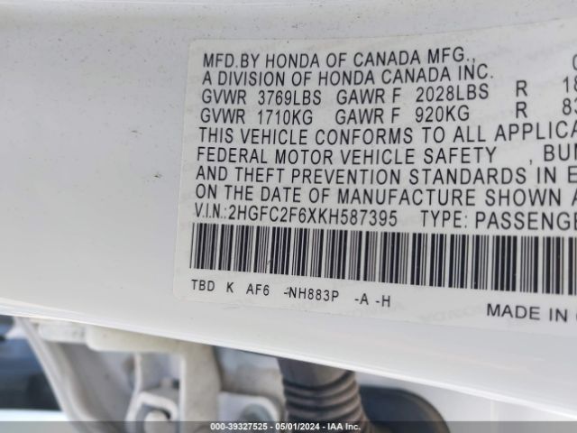 Photo 8 VIN: 2HGFC2F6XKH587395 - HONDA CIVIC 