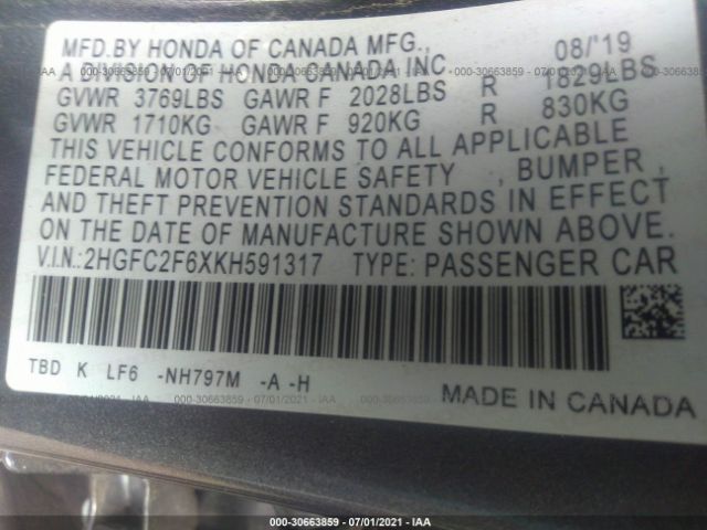 Photo 8 VIN: 2HGFC2F6XKH591317 - HONDA CIVIC SEDAN 