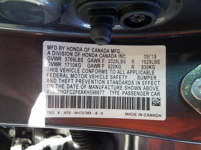 Photo 9 VIN: 2HGFC2F6XKH596677 - HONDA CIVIC LX 