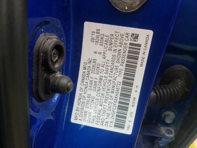 Photo 9 VIN: 2HGFC2F6XKH598722 - HONDA CIVIC LX 