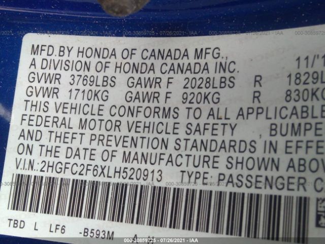 Photo 8 VIN: 2HGFC2F6XLH520913 - HONDA CIVIC SEDAN 