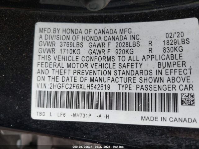 Photo 8 VIN: 2HGFC2F6XLH542619 - HONDA CIVIC 