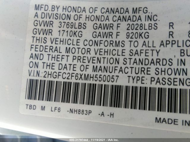 Photo 8 VIN: 2HGFC2F6XMH550057 - HONDA CIVIC SEDAN 