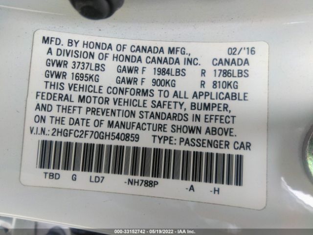 Photo 8 VIN: 2HGFC2F70GH540859 - HONDA CIVIC SEDAN 