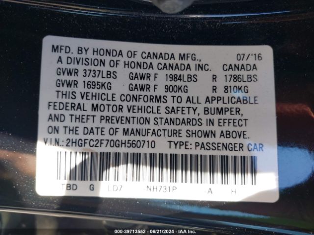 Photo 8 VIN: 2HGFC2F70GH560710 - HONDA CIVIC 