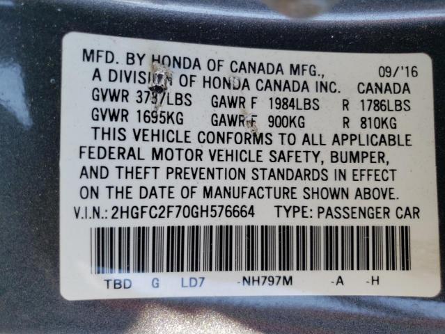 Photo 12 VIN: 2HGFC2F70GH576664 - HONDA CIVIC EX 