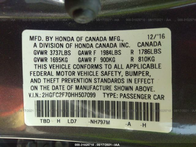 Photo 8 VIN: 2HGFC2F70HH507099 - HONDA CIVIC SEDAN 