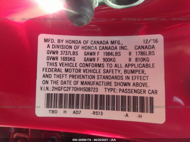 Photo 8 VIN: 2HGFC2F70HH508723 - HONDA CIVIC SEDAN 