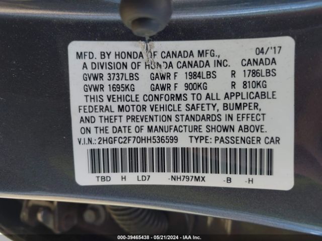 Photo 8 VIN: 2HGFC2F70HH536599 - HONDA CIVIC 