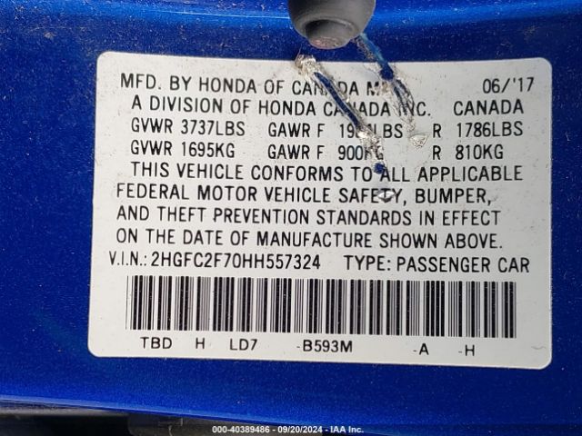 Photo 8 VIN: 2HGFC2F70HH557324 - HONDA CIVIC 