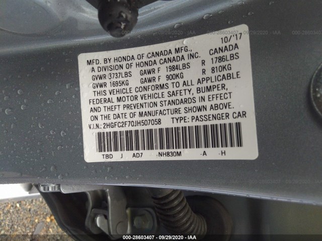 Photo 8 VIN: 2HGFC2F70JH507058 - HONDA CIVIC SEDAN 