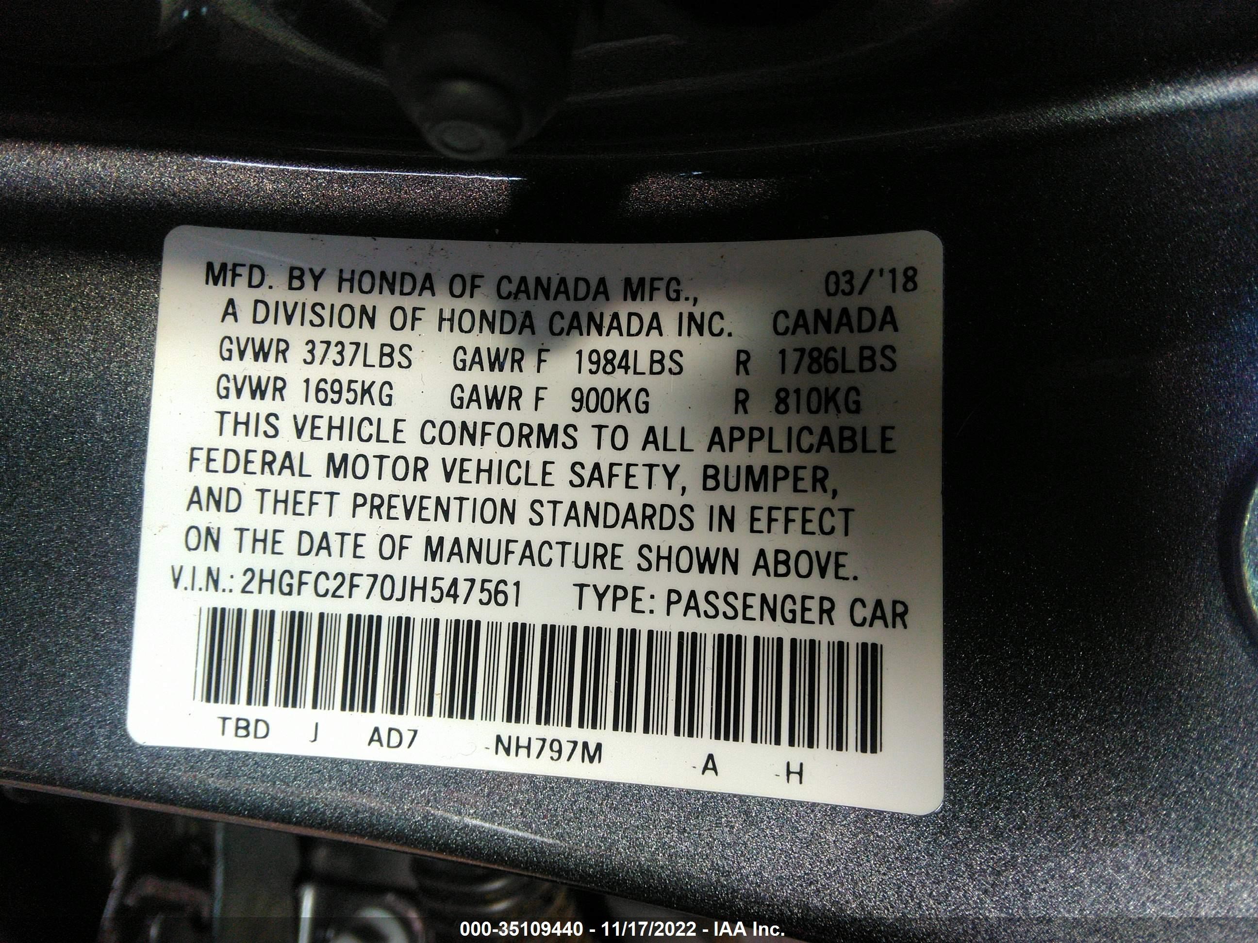 Photo 8 VIN: 2HGFC2F70JH547561 - HONDA CIVIC 