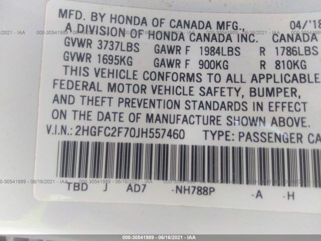 Photo 8 VIN: 2HGFC2F70JH557460 - HONDA CIVIC SEDAN 