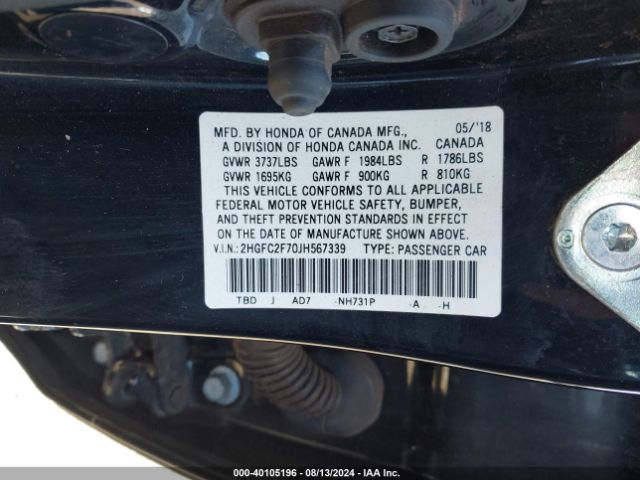 Photo 8 VIN: 2HGFC2F70JH567339 - HONDA CIVIC 