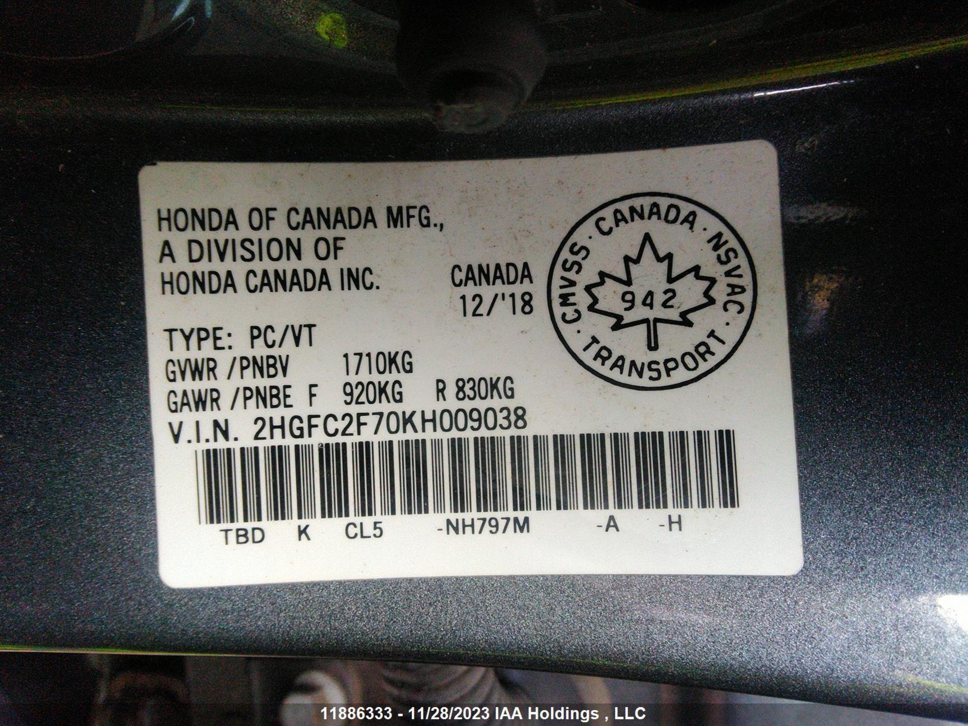 Photo 8 VIN: 2HGFC2F70KH009038 - HONDA CIVIC 