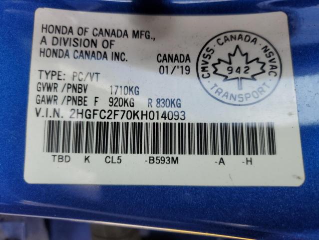 Photo 12 VIN: 2HGFC2F70KH014093 - HONDA CIVIC EX 