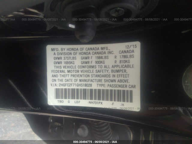 Photo 8 VIN: 2HGFC2F71GH518028 - HONDA CIVIC SEDAN 