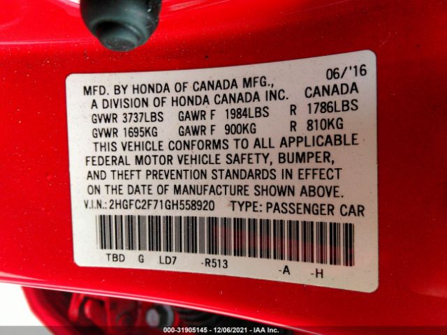 Photo 8 VIN: 2HGFC2F71GH558920 - HONDA CIVIC SEDAN 