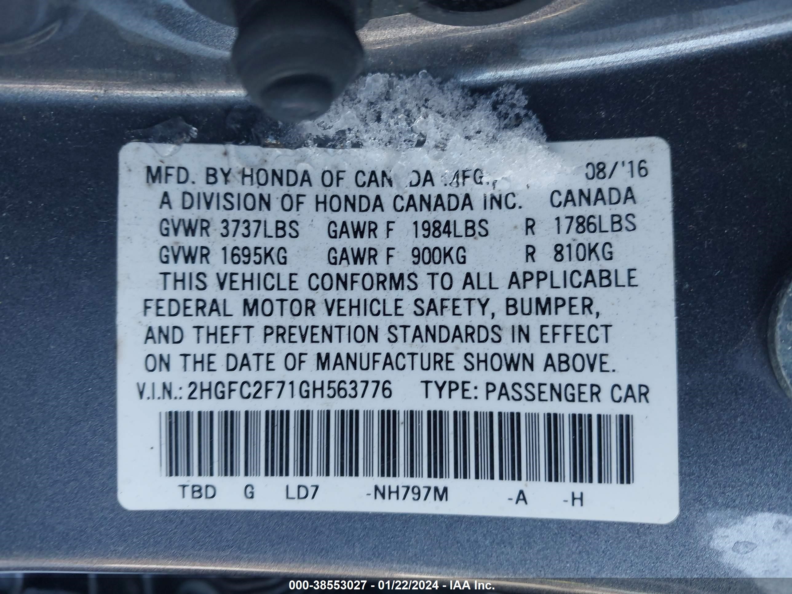 Photo 8 VIN: 2HGFC2F71GH563776 - HONDA CIVIC 