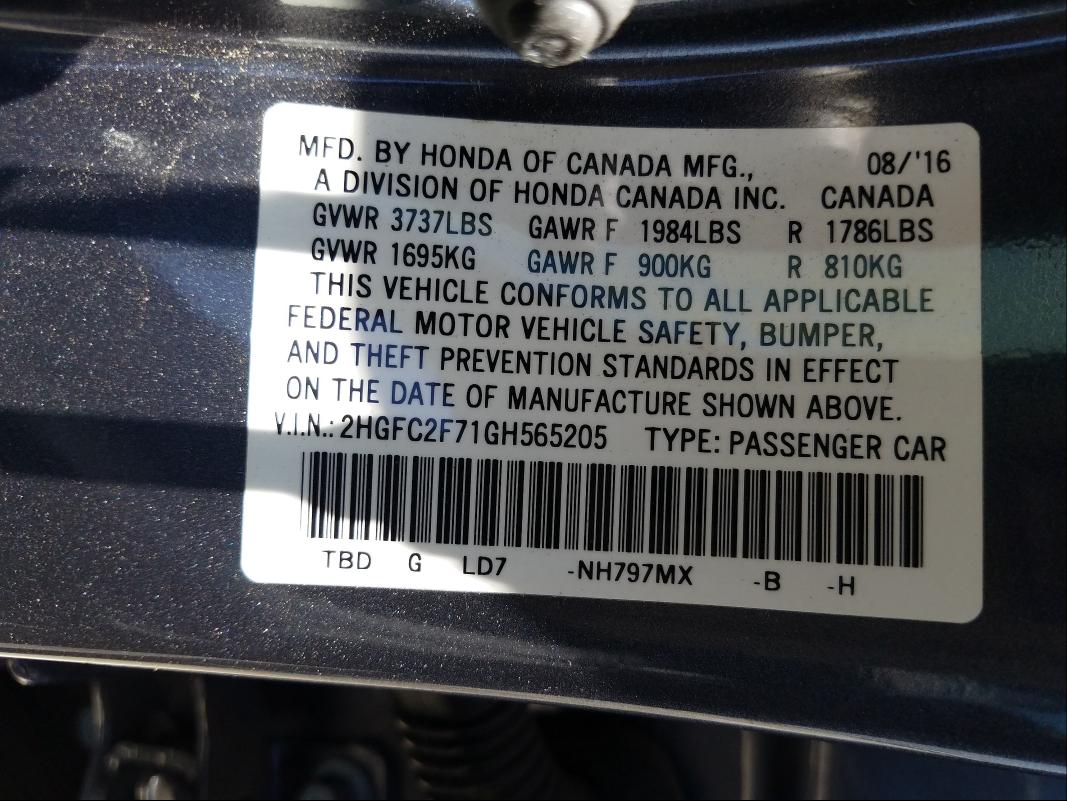 Photo 9 VIN: 2HGFC2F71GH565205 - HONDA CIVIC EX 