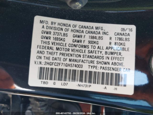 Photo 8 VIN: 2HGFC2F71GH574003 - HONDA CIVIC 