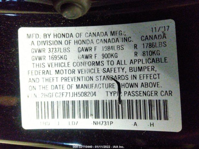 Photo 8 VIN: 2HGFC2F71JH508204 - HONDA CIVIC SEDAN 