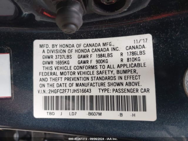 Photo 8 VIN: 2HGFC2F71JH516643 - HONDA CIVIC 