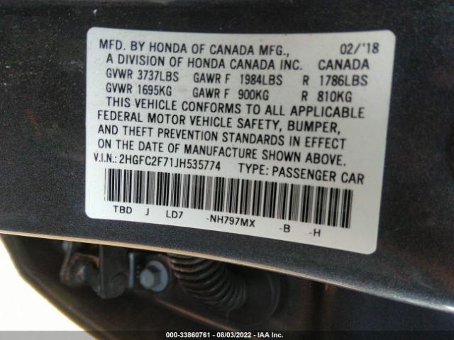 Photo 8 VIN: 2HGFC2F71JH535774 - HONDA CIVIC SEDAN 