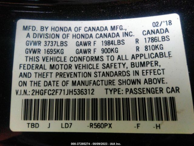 Photo 8 VIN: 2HGFC2F71JH536312 - HONDA CIVIC 