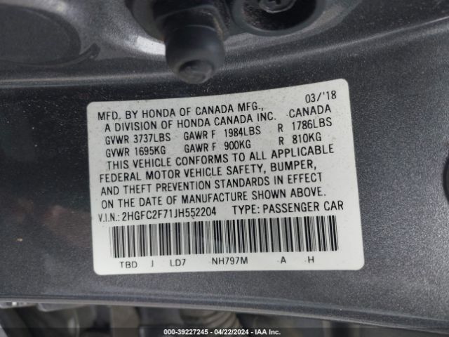 Photo 8 VIN: 2HGFC2F71JH552204 - HONDA CIVIC 