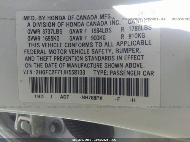 Photo 8 VIN: 2HGFC2F71JH558133 - HONDA CIVIC SEDAN 