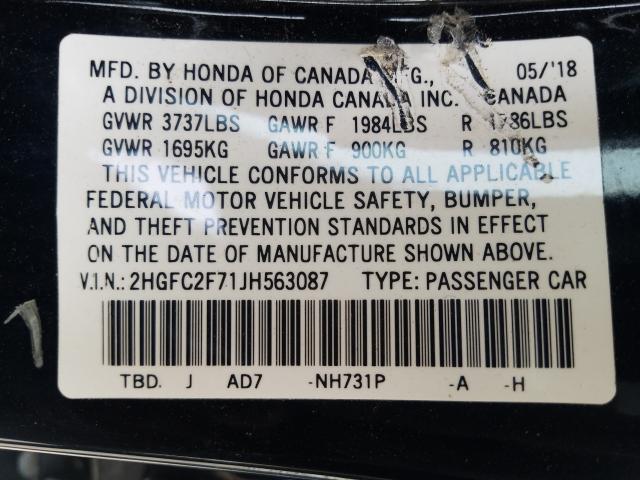 Photo 9 VIN: 2HGFC2F71JH563087 - HONDA CIVIC SEDAN 