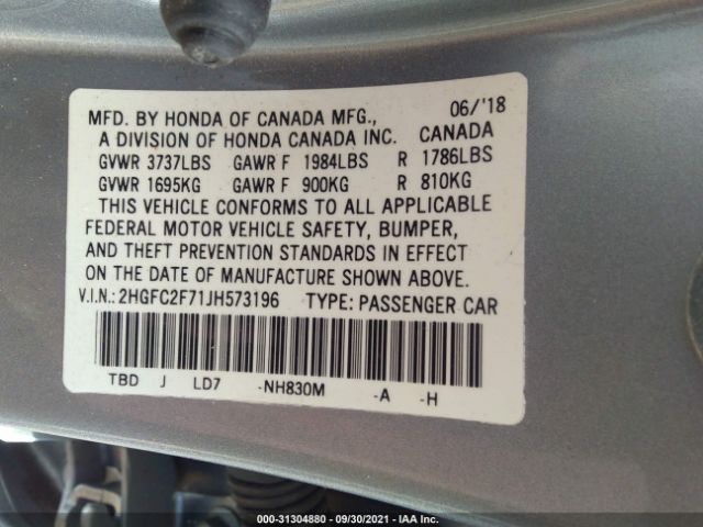 Photo 8 VIN: 2HGFC2F71JH573196 - HONDA CIVIC SEDAN 