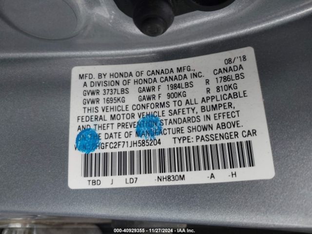 Photo 8 VIN: 2HGFC2F71JH585204 - HONDA CIVIC 