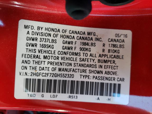 Photo 9 VIN: 2HGFC2F72GH552320 - HONDA CIVIC EX 