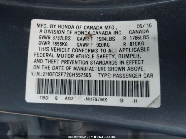 Photo 8 VIN: 2HGFC2F72GH557565 - HONDA CIVIC 