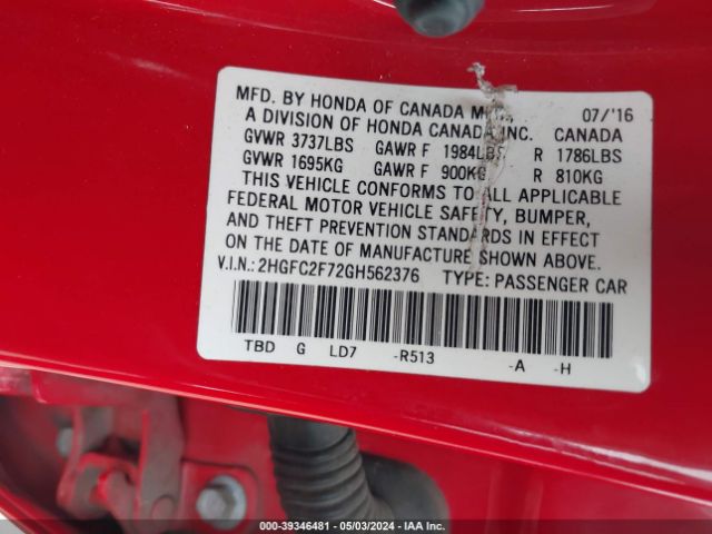 Photo 8 VIN: 2HGFC2F72GH562376 - HONDA CIVIC 