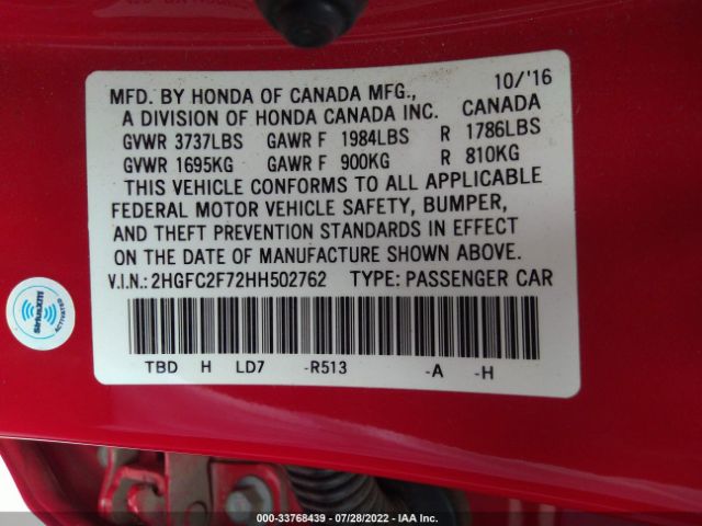 Photo 8 VIN: 2HGFC2F72HH502762 - HONDA CIVIC SEDAN 