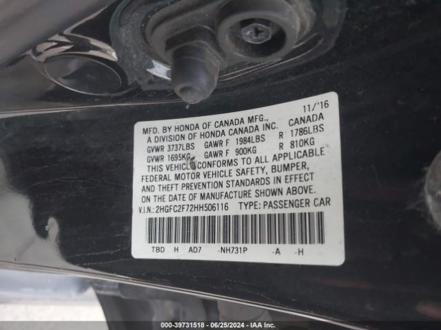 Photo 8 VIN: 2HGFC2F72HH506116 - HONDA CIVIC 