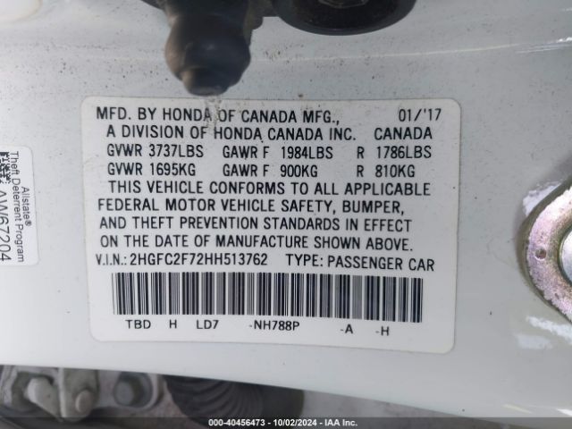 Photo 8 VIN: 2HGFC2F72HH513762 - HONDA CIVIC 