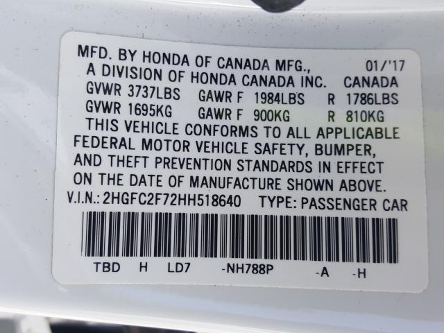 Photo 9 VIN: 2HGFC2F72HH518640 - HONDA CIVIC EX 