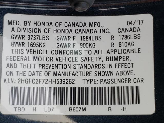 Photo 9 VIN: 2HGFC2F72HH539262 - HONDA CIVIC EX 