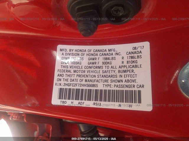 Photo 8 VIN: 2HGFC2F72HH566865 - HONDA CIVIC 